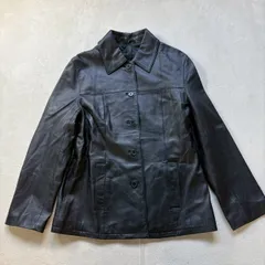 レザージャケット ステンカラー ボタン 本革 羊革 黒 レディース Lサイズ相当