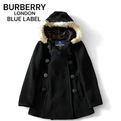 BURBERRY LONDON BLUE LABEL バーバリーロンドン ブルーレーベル ダブルブレストコート ウール 裏地ノバチェック フェイクァー フード Aライン ミドル丈 38 黒 ブラック ★M89