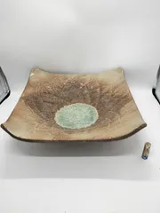 花器 大型皿 茶色薄緑色 四角形 花台 窯 工房 池坊 フラワーベース 水盤 華道具 花瓶 変形 シンプル 生花 華道 磁器製 手作り アンティーク レア レトロ インテリア ビンテージ 昭和  24428四つ葉[YT00559]
