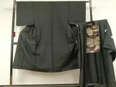 平和屋着物●男性　紬　アンサンブル　黒地　正絹　逸品　AABD0671fy