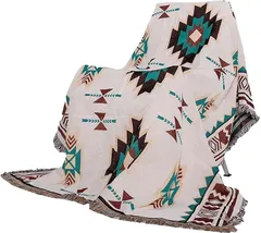 HSE金丸商店 ネイティブ オルテガ 柄 メキシカン キャンプ ラグ 民族柄 アウトドア マット ブランケット (ホワイト, 180cmx260cm)