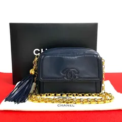 極 美品 箱 袋付 シール有 2番台 CHANEL シャネル ヴィンテージ ココマーク フリンジ チェーン ラムスキン ショルダーバッグ 紺 35965