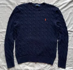 メンズ L ポロ ニット ケーブル編み セーター ラルフローレン ケーブル ネイビー コットン