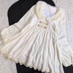 希少✨リズリサ LIZ LISA ファー付きニットワンピース レース刺繍 y2k 姫ギャル ミニ 長袖 フレア 金ボタン 白 ホワイト 裏地有り 長袖 平成ギャル