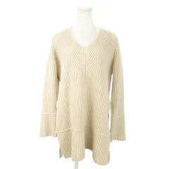 セオリー Theory ニット セーター Vネック 長袖 フレアスリーブ ロング丈 カシミヤ混 ワンポイント ライン S ベージュ /MN18 ■GY19