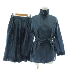 クリスチャンディオール Christian Dior プレタポルテ PRET-A-PORTER セットアップ 上下 シャツ ブラウス 長袖 ハイネック ベルト付き フレアスカート ロング フリル 絹 シルク ボーダー柄 9 M 紺 ネイビー /XZ ■GY35