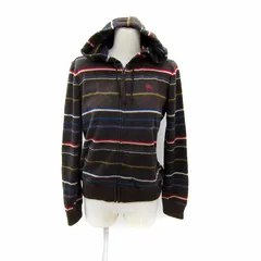 バーバリーブルーレーベル BURBERRY BLUE LABEL ジャケット ニットパーカー ミドル丈 マルチボーダー柄 ロゴ刺繍 ジップアップ 38 M 茶 ブラウン /SY35 ■GY53