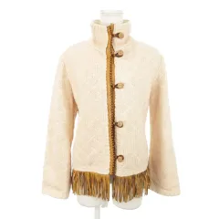 エルマノシェルビーノ ERMANNO SCERVINO ニットジャケット スタンドカラー 切替 レザー 本革 フリンジ 38 M ピンク /AH19 ■GY18のサムネイル