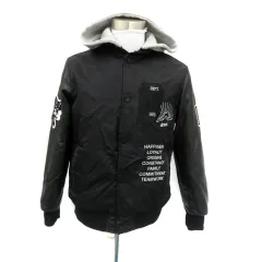 ザラ ZARA スタジャン スタジアムジャンパー ブルゾンジャケット ミドル丈 フード付き 刺繍 フェイクレザー 切替 S 黒 ブラック グレー /HO34