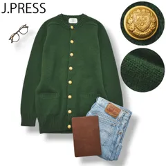 【定番】 90s ヴィンテージ ジェイプレス J.PRESS ウール セーター ニット カーディガン ラグランスリーブ ミドルゲージ 金ボタン 紋章 M グリーン トラッド アメカジ レディース ♪