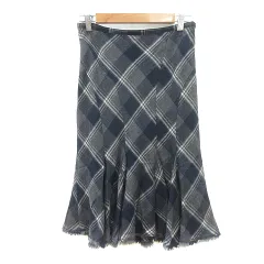 コムサデモード COMME CA DU MODE フレアスカート ミモレ ロング チェック フリンジ ウール カシミヤ混 11 L 紺 ネイビー /MN