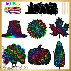 【迅速発送】seimeinoki 60枚セット スクラッチアート 秋 スクラッチペーパー 感謝祭 スクラッチオフ アート トウモロコシ 紅葉 カボチャ 七面鳥 カエデ スクラッチアートペン付き 塗り絵 虹絵 ハンギングオーナメント マジックアート クラフト 1