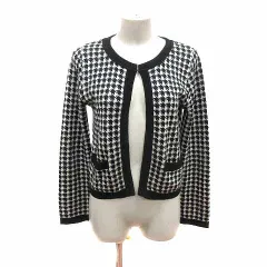 コムサイズム COMME CA ISM カーディガン ニット 千鳥格子 長袖 M 黒 ブラック 白 ホワイト /YK