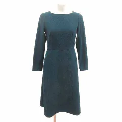 ナチュラルビューティーベーシック NATURAL BEAUTY BASIC ワンピース フレア ひざ丈 ボートネック 長袖 S 緑 ダークグリーン /YK