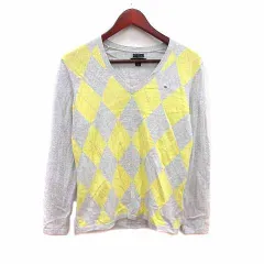 トミーヒルフィガー TOMMY HILFIGER ニット カットソー Vネック アーガイル柄 長袖 M ライトグレー 黄色 イエロー /YK