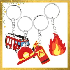 【迅速発送】[LEDMOMO] 4個 消防士テーマのかわいいキーホルダー点 消防車 消防帽 消火器モチーフ キー識別 飾り付きファッションチャーム 0