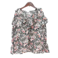 グローバルワーク GLOBAL WORK ブラウス 花柄 長袖 フリル M 黒 ブラック /MN