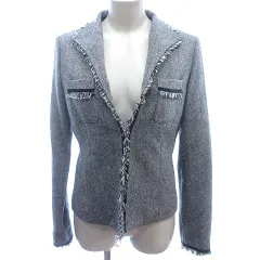 コムサイズム COMME CA ISM ジャケット トライアングルカラー スタンドカラー フリンジ 総裏地 ツイード ウール L グレー /AU