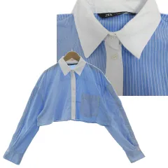 ザラ ZARA コントラストストライプ クロップドシャツ クレリックシャツ 胸ポケ 長袖 コットン ブルー系 青系 ホワイト 白 S