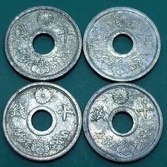 銀貨 2枚セット 日の出 菊の紋章 10銭錫貨 昭和19年 1944年 おまとめ4点 93%、亜鉛7%の錫合金で製造