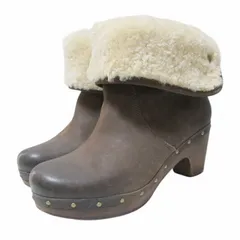 アグ オーストラリア UGG australia リネア 2WAY ショートブーツ サボ ムートンブーツ レザー 3207 ウッドヒール ロゴ シューズ 靴 24.0cm 茶 ブラウン IBO70 X