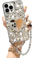 iPhone 16 Pro ケース かわいい おしゃれ ハート形 ミラー デザイン スタンド付き ストラップ付き 可愛い 贅沢 豪華風 レディース 女性 人気 アイフォン16プロ シリコーン ケース (Cute Glitter Mirror Case)