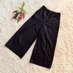 『ZARA』ザラ　デニムワイドパンツ　ジーンズ　クロップド丈　ハイウエスト　コットン　綿　フロントジップ　ボタン　ポケット付き　ベルトフープ　ストレッチあり　ネイビー(XS)