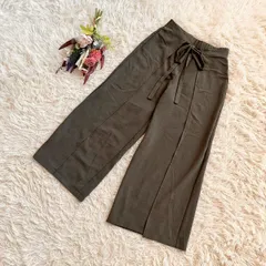 『ZARA』ザラ　ラップデザインパンツ　ワイド　ハイウエスト　イージー　ウエストリボン　スリット　ルーズシルエット　カーキ(S)