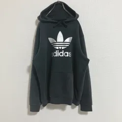 【ビッグロゴ】adidas アディダスオリジナルス　プルオーバーパーカー　トレフォイルロゴシルバー　黒　O