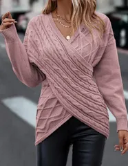 【ピンク】レディース ニット セーター クロスデザイン Vネック おしゃれ きれいめ クロス編み 体型カバー 細見え 大人 エレガント 秋冬 無地 長袖
