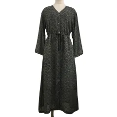 カスタネ Kastane ワンピース シャツワンピ Aライン ロング リボン ペーズリー 総柄 長袖 F グレー 青 ブルー