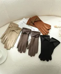 スエード調手袋裏起毛 リボン付き手袋防寒