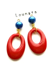 3459ブルーパールピアス レッド 大ぶりピアス 樹脂ピアス