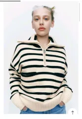 ZARA ザラ ストライプ タートルネック ハーフ ジップアップ ボーダー柄 ニット アイボリー セーター