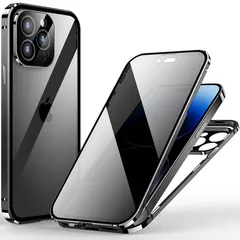 覗き見防止 iPhone 13 Pro Max 用 ケース ロック付き アルミ バンパー メタルフレーム スマホケース 強化ガラスフィルム 一体型レンズ保護 マグネット式アイフォン13promax 両面ケース,ブラック