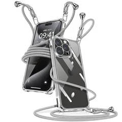 iPhone 15 Pro Max ケース クリア ショルダー iPhone15pro max スマホケース アイフォン15ProMax カバー 肩掛け 斜めかけ 縄掛けケース 透明 薄型 軽量 TPU 携帯ケース 紐付き 斜めがけ 織りストラップ付き 長さ調