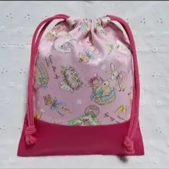 ハンドメイド、ウサギ柄の給食袋、巾着袋、コップ入れ、ピンク