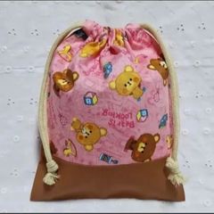 23・ハンドメイド 巾着袋 くま ピンク 23・ハンドメイド巾着袋くまピンク