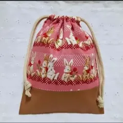 ハンドメイド、ウサギ、薔薇柄の給食袋、巾着袋、コップ入れ、ピンク、茶色