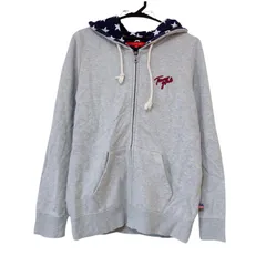 RE261 【美品】tommy girl　トミーガール　フード付き　ジップアップパーカー　裏起毛　グレー　レディース　Mサイズ　星柄　トレーナー　スウェット　ロゴ刺繍
