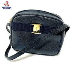 【中古】サルヴァトーレ フェラガモ ヴァラ リボン 型押し レザー ショルダーバッグ D213096 ネイビー ゴールド金具 斜めがけ  レディース カバン 鞄 Salvatore Ferragamo 【102031091005】