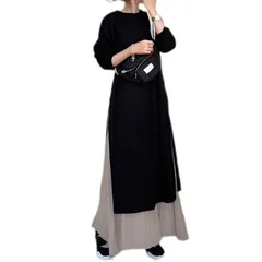 【新品】 [Riaminy] [リアミニィ] セットアップ ロングワンピース レディース 春秋冬 長袖 シャツ ドッキング ２点セット マキシ丈 フレア レイヤード 重ね着 カジュアル スカート ラウンドネック (コーヒー) 0