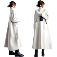 【新品】 [YUANYUAN] レディース ウールワンピース 冬ワンピース ドレス 春服 秋服 冬服 長袖 ロング丈 ハイネック ポケット付き ゆったり カジュアル シンプル おしゃれ 大人 可愛い エレガント 保温性 暖かい 通学 通勤 日常着 春秋冬  0