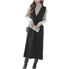 【新品】 [グリーンティー] ベストワンピース 冬 ワンピ ノースリーブ きれいめ ロングベスト ジレ おしゃれ ファッション スタイル エレガント 春 黒色 ブラック M 1