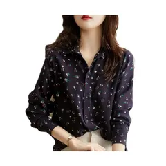 【新品】 [フェアリー ストーン] ブラウス シャツ トップス レディース 長袖 シフォン 花柄 Vネック カジュアル フォーマル B-54 (M, ネイビー) 1