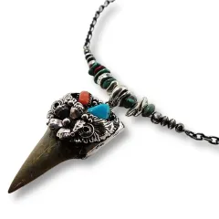 サメの歯の化石 ビーズ チェーンネックレス ペンダント シルバー925 インディアンジュエリーターコイズコーラル燻しあずきチェーン3.5mmx47cm ナバホ ホピ コインアクセサリー カスタムパーツ inca-sharktooth