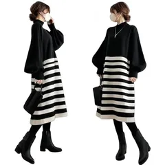 【新品】 [YUANYUAN] レディース ボーダーワンピース ニットワンピース ドレス ロングセーター 冬服 ロング丈 ハイネック パフスリーブ ドッキング カラーマッチング ボリューム袖 カジュアル ゆったり おしゃれ 可愛い 大人 普段着 春秋 冬 