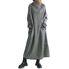 【新品】 [YUANYUAN] レディース 千鳥柄ドレス ドッキングワンピース ニットワンピース ロング丈 ハイネック 長袖 カラーマッチング ハイウエスト ストライプ チェック柄 お洒落 カジュアル ゆったり 可愛い OL 大人 通勤 春秋冬 (写真色,