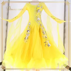 社交ダンス 衣装 スタンダードドレス ドレス スタンダード ワンピース 黄色 フロート レース フリル スパンコール シルバー イエロー系 デモ 競技 ダンス パーティ 鮮やか エレガント おしゃれ パフォーマンス 大人用 競技用 フロア レディース