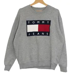 90's/90年代ヴィンテージ TOMMY JEANS/トミージーンズ フラッグタグ クルーネック スウェット トレーナー 長袖 フロント刺繍 TURKEY製 メンズ L グレー
